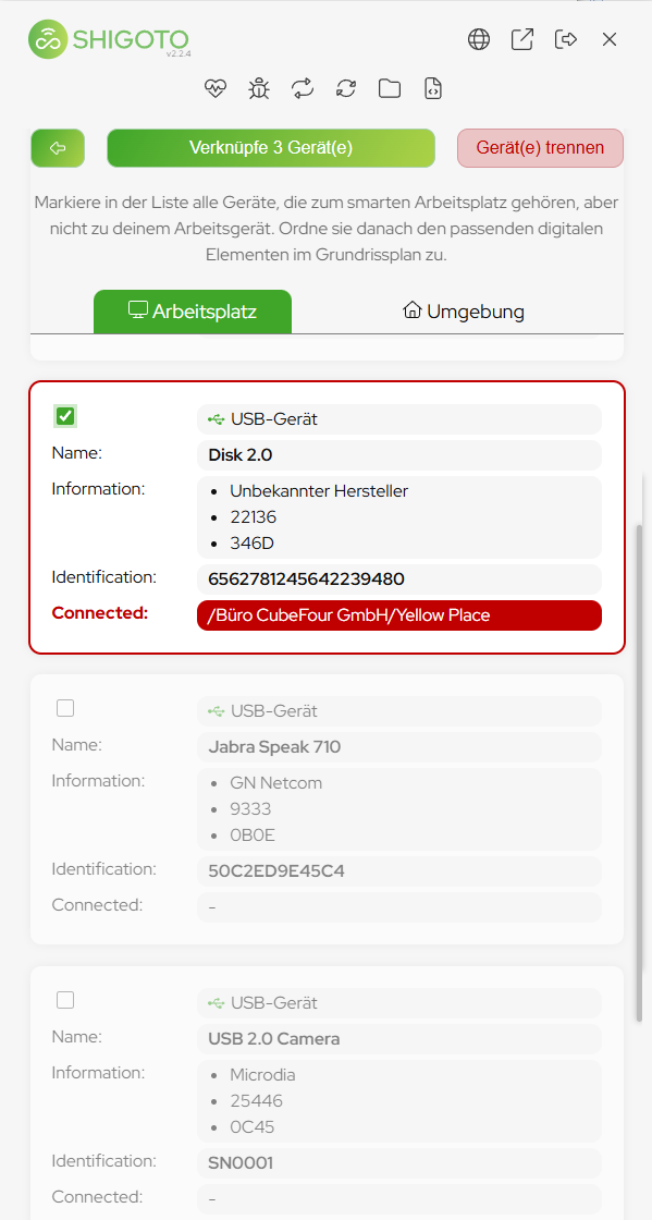 Device list showing a USB device that is already connected to another workstation